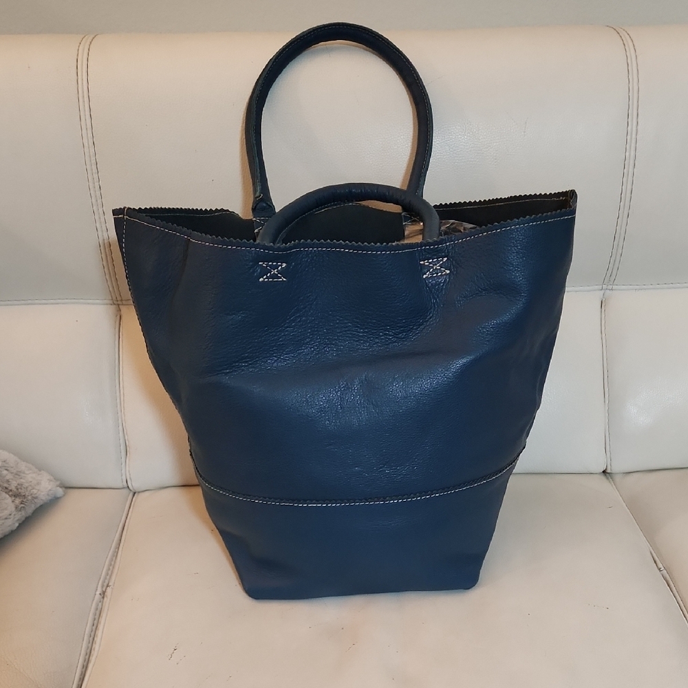 Crate&Barrel Blue Leather Tote Bag